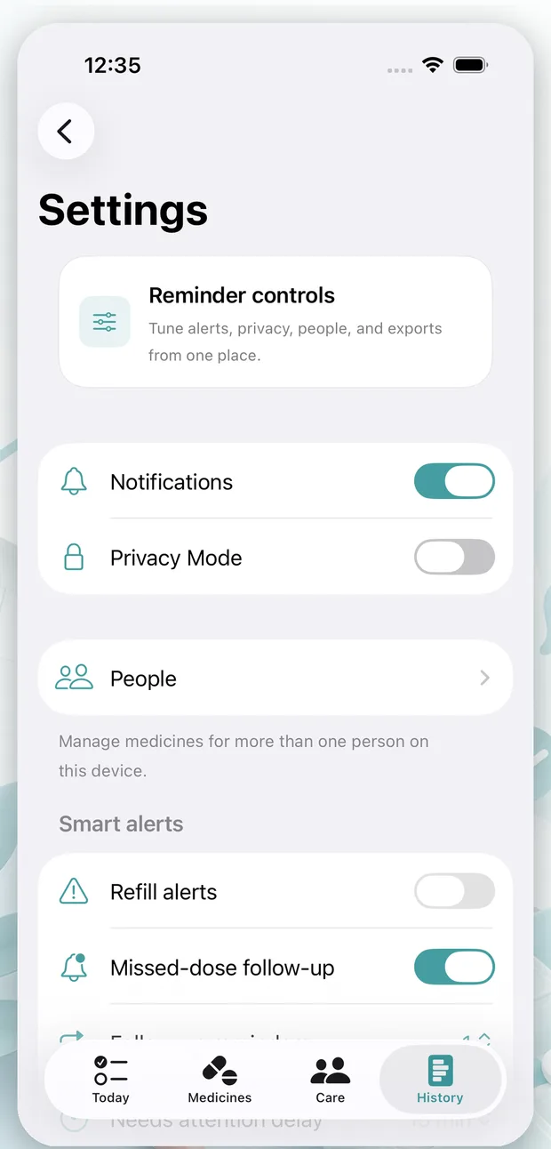 Care Dose Settings screen showing notification and privacy controls.
