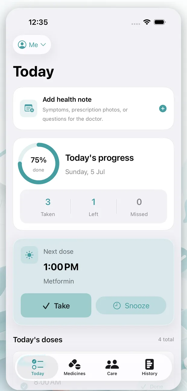 Care Dose Today screen showing dose progress and Take or Snooze actions.